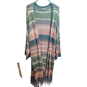 Show Me Your Mumu Maude Fringed Long Length Cardigan Nevada Stripe Sz L Oversize